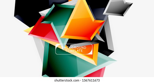 Bright colorful triangular poly 3d composition, vector abstract geometric background, minimal design, polygonal futuristic poster