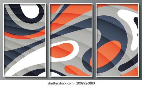 bright colorful triptych. translucent wavy stripes on a background of overlapping orange, black, dark azure, gray, white abstract shapes with smooth edges. three images in white frames. vector 