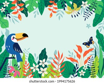 Bright colorful tropical background with cute toucan, butterfly, leaves, flowers and place for your text. Vector image is cropped with clipping mask.