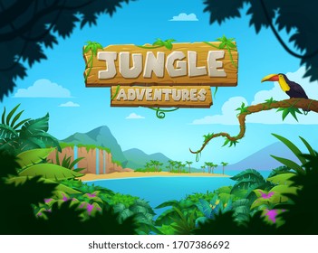 Bright colorful tropical Jungle Adventures poster design with bird on a tree overlooking a jungle, blue lake and mountains, vector illustration
