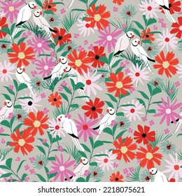 Bright colorful tropical pattern. Hawaiian birds in jungle. White parrots surrounded by red flowers and palm trees. Modern trendy vector pattern for stationery, wallpaper, textile and clothes design.