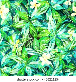 Bright colorful tropical seamless background with leaves and flowers