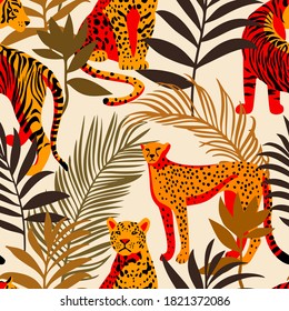 Bright colorful tropical seamless pattern with exotic animals. Leopard and tiger with abstract fantasy flowers and plants. Nature jungle pattern. Vintage classic style.