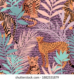 Bright colorful tropical seamless pattern with exotic african animals. Leopard and tiger with abstract fantasy flowers and plants. Nature jungle pattern with simple geometric dashed lines texture.