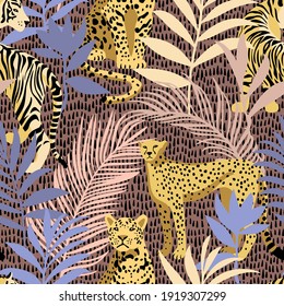 Patrón colorido y luminoso sin costura tropical con animales africanos exóticos. Leopardo y tigre con flores y plantas de fantasía abstracta. Patrón de la jungla natural con textura de líneas geométricas discontinuas.