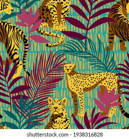 Bright Colorful Tropical Seamless Pattern With Exotic African Animals. Leopard And Tiger With Abstract Fantasy Flowers And Plants. Nature Jungle Pattern With Simple Geometric Dashed Lines Texture.