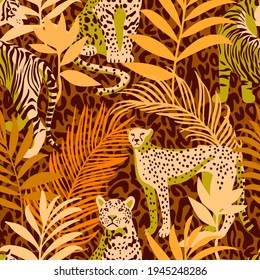 Bright colorful tropical seamless pattern with exotic animals. Leopard and tiger with abstract fantasy flowers and plants. Nature jungle pattern. Vintage classic style.
