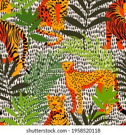 Bright colorful tropical seamless pattern with exotic african animals. Leopard and tiger with abstract fantasy flowers and plants. Nature jungle pattern with simple geometric dashed lines texture.