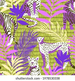 Bright colorful tropical seamless pattern with exotic african animals. Leopard and tiger with abstract fantasy flowers and plants. Nature jungle pattern with simple geometric dashed lines texture.