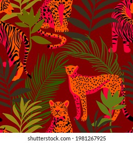 Bright colorful tropical seamless pattern with exotic animals. Leopard and tiger with abstract fantasy flowers and plants. Nature jungle pattern. Vintage classic style.