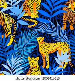 Bright colorful tropical seamless pattern with exotic animals. Leopard and tiger with abstract fantasy flowers and plants. Nature jungle pattern. Vintage classic style.