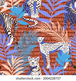 Bright colorful tropical seamless pattern with exotic african animals. Leopard and tiger with abstract fantasy flowers and plants. Nature jungle pattern with simple geometric dashed lines texture.