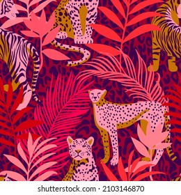 Bright colorful tropical seamless pattern with exotic animals. Leopard and tiger with abstract fantasy flowers and plants. Nature jungle pattern. Vintage classic style.