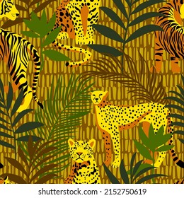 Bright colorful tropical seamless pattern with exotic african animals. Leopard and tiger with abstract fantasy flowers and plants. Nature jungle pattern with simple geometric dashed lines texture.