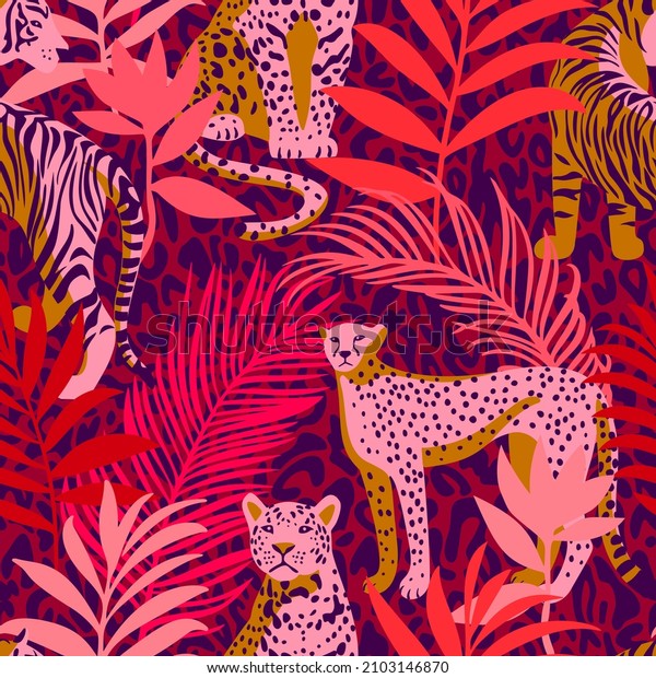 Bright colorful tropical seamless pattern with exotic animals. Leopard and tiger with abstract fantasy flowers and plants. Nature jungle pattern. Vintage classic style.