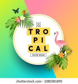 A bright and colorful tropical summer design with Plumerias, a flamingo and jungle palm leaves. vector illustration.