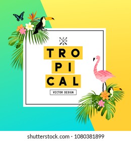 Um design de verão tropical brilhante e colorido com Plumerias, aves tropicais e folhas de palmeiras. ilustração vetorial.