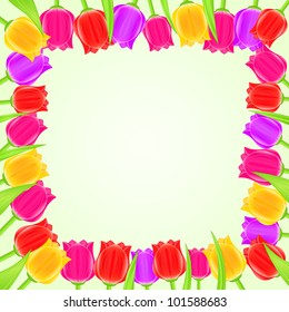 Bright Colorful Tulip Square Frame. Vector Floral Card