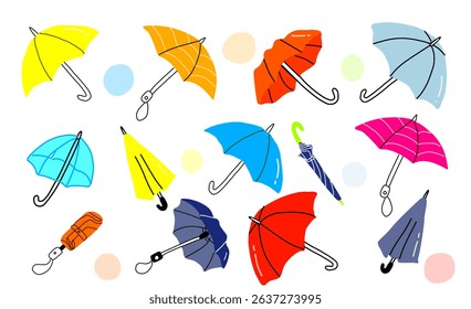 Bright colorful umbrella collection in flat cartoon style with playful dots , june clip arts