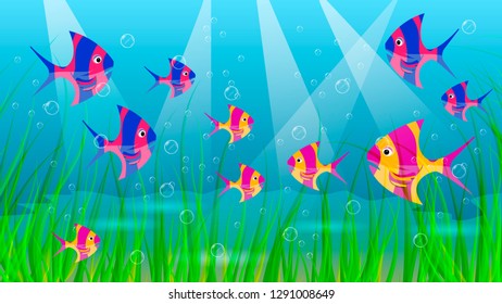 bright colorful underwater landscape with exotic fish, algae and air bubbles. vector image