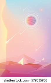 Bright colorful unusual planet with pyramid structures and shooting stars or comets, game concept in modern cartoon style