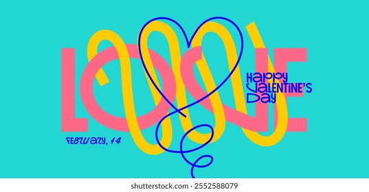 Design de cartão de Valentim brilhante e colorido com tipografia abstrata com tema de amor, elementos cardíacos entrelaçados, e um fundo azul-petróleo vibrante.