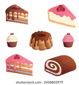 A bright and colorful variety of dessert illustrations showcasing a slice of strawberry cake, a slice of raspberry cheesecake, a cake with chocolate frosting, a cupcake with a raspberry on top.