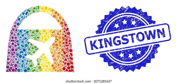 Bright colorful vector airport shopping mosaic for LGBT, and Kingstown textured rosette seal print. Blue seal includes Kingstown caption inside rosette.