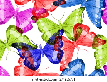 Bright colorful vector background with butterflies. Painting.  Watercolors. Seamless pattern. 