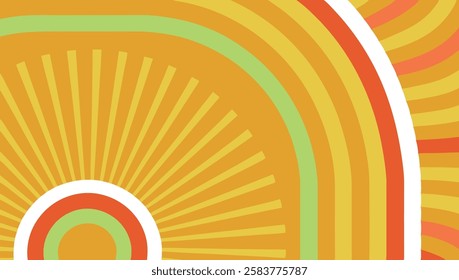 Bright and colorful vector background design showcases circular patterns with radiant lines, ideal for various creative and artistic applications in warm tones
