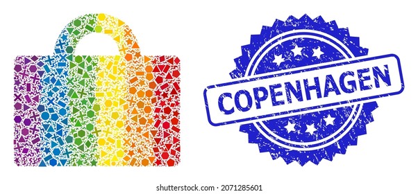 Bright colorful vector baggage mosaic for LGBT, and Copenhagen rubber rosette stamp seal. Blue stamp seal contains Copenhagen text inside rosette.