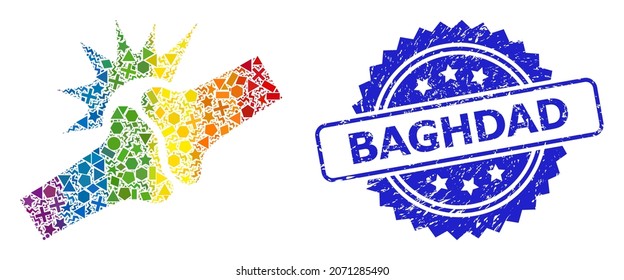 Bright colorful vector bone joint fracture mosaic for LGBT, and Baghdad grunge rosette stamp seal. Blue stamp seal includes Baghdad caption inside rosette.