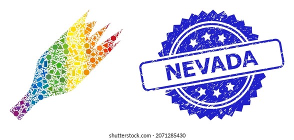 Bright colorful vector broken wine bottle mosaic for LGBT, and Nevada dirty rosette seal. Blue stamp seal contains Nevada title inside rosette.