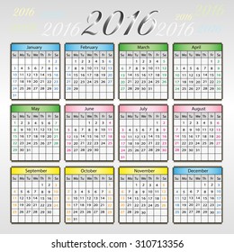 Bright, colorful, vector calendar for 2016
