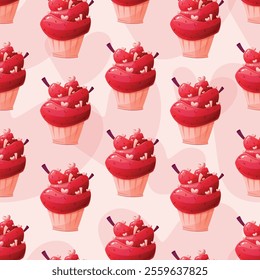 Bright colorful vector cartoon seamless pattern, delicious cupcake topped with pink frosting, chocolate drizzle, heart decoration. Baking, desserts, celebrations, and Valentine's Day themes