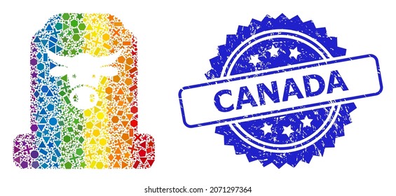 Bright colorful vector cow cemetery mosaic for LGBT, and Canada dirty rosette seal. Blue stamp seal contains Canada tag inside rosette.