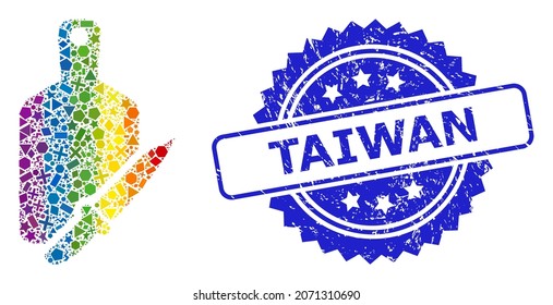 Bright colorful vector cutting board and knife collage for LGBT, and Taiwan dirty rosette seal imitation. Blue seal has Taiwan title inside rosette.