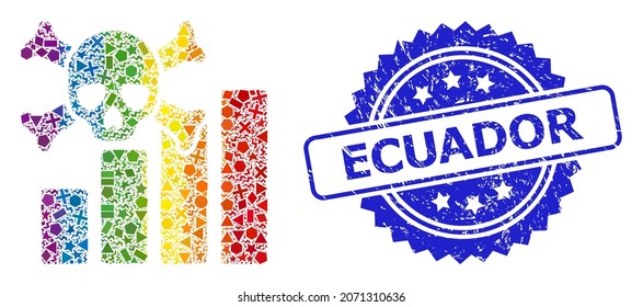 Bright colorful vector death chart collage for LGBT, and Ecuador textured rosette seal print. Blue seal has Ecuador title inside rosette.