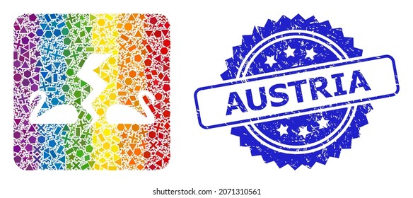 Bright colorful vector divorce swans mosaic for LGBT, and Austria corroded rosette stamp seal. Blue stamp includes Austria caption inside rosette.