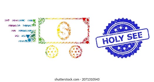 Bright colorful vector dollar car mosaic for LGBT, and Holy See corroded rosette stamp seal. Blue stamp seal contains Holy See tag inside rosette.