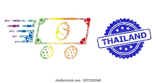Bright colorful vector dollar delivery wagon mosaic for LGBT, and Thailand rubber rosette seal print. Blue stamp seal includes Thailand text inside rosette.