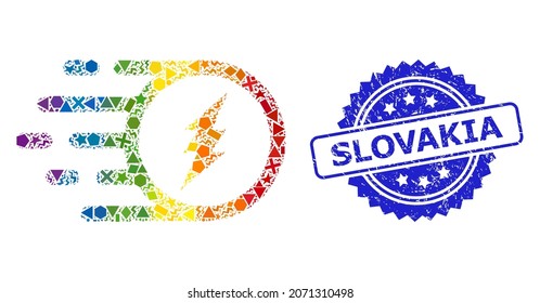 Bright colorful vector electric charge mosaic for LGBT, and Slovakia rubber rosette seal imitation. Blue stamp seal includes Slovakia title inside rosette.