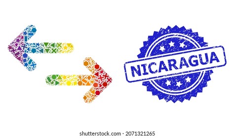 Brillante y colorido mosaico de flechas de intercambio vectorial para LGBT, y rayas sucias de sellado de rosette en Nicaragua. El sello azul incluye el título de Nicaragua dentro de la roseta.