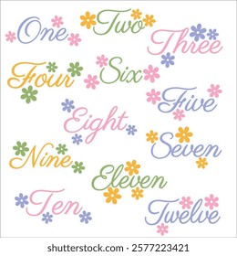 Bright and colorful vector file with floral numbers from one to twelve. Perfect for crafting, stickers, invitations, scrapbooking, and other creative projects.