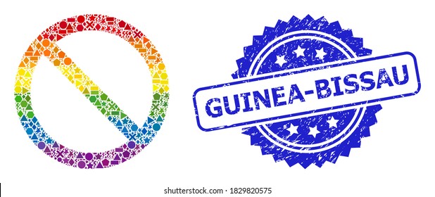 Vector de color claro prohibido collage para LGBT, y sello de rosette rayado en Guinea-Bissau. El sello azul contiene una etiqueta de Guinea-Bissau dentro de la roseta.