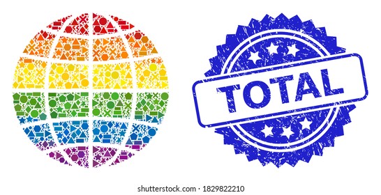 Bright colorful vector globe collage for LGBT, and Total corroded rosette stamp seal. Blue stamp seal contains Total caption inside rosette.