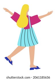 Bright colorful vector illustration of cartoon happy young long haired blonde female teenager in summer clothes dancing with outstretched arms isolated on white background