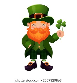 A bright and colorful vector illustration of a cheerful leprechaun with a big orange beard, dressed in a green outfit, and holding a lucky four-leaf shamrock. This cartoon-style character features