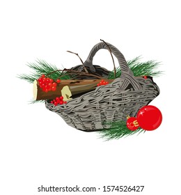 
Bright colorful vector illustration Christmas New Year wicker basket with firewood berries and Christmas decorations. Use for decor, books, banners, decoration