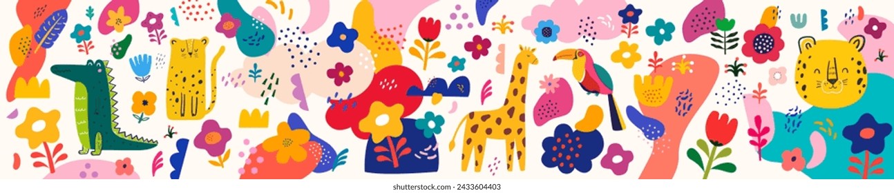 Ilustración vectorial colorida brillante con animales lindos, elementos abstractos y flores. Ilustración de patrón de bebé	
